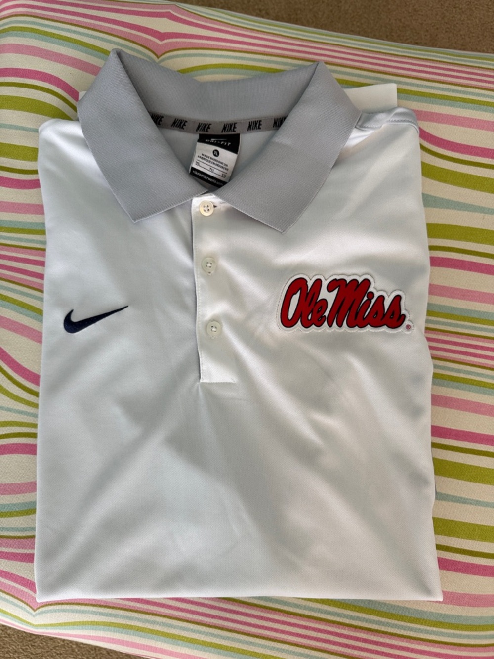 Men’s Nike White Polo with Gray Collar and Red Ole Miss Script size XL